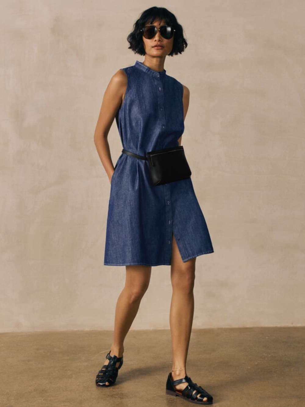 Eileen Fisher Lightweight 100% Organic Cotton Mini Denim Dress in Indigo Blue